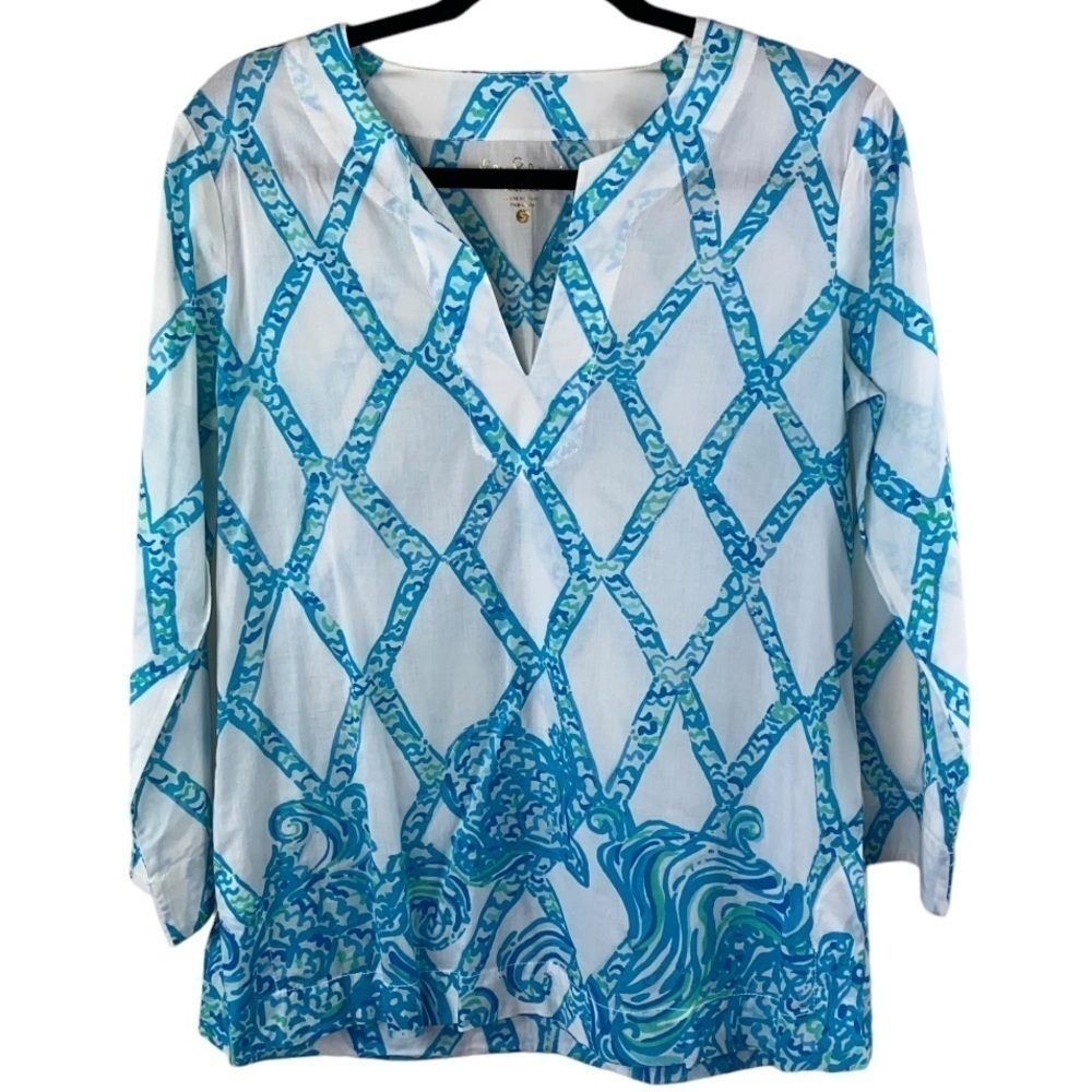 Lilly Pulitzer Amelia Island White and Blue Lightweight Tunic Sz Small